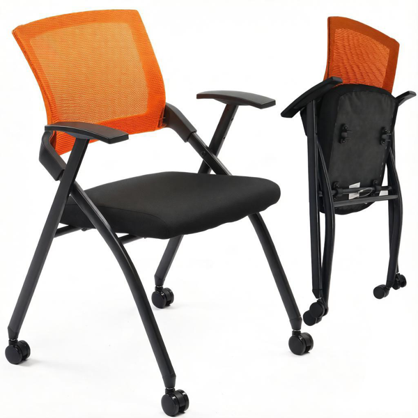 1 Pack Stackable Conference Room Chairs With Wheels,Folding Office Chair With Rebound Back,Padded Seat For Training Room,Guest,Reception,Event,Capacity 350lbs,Orange
