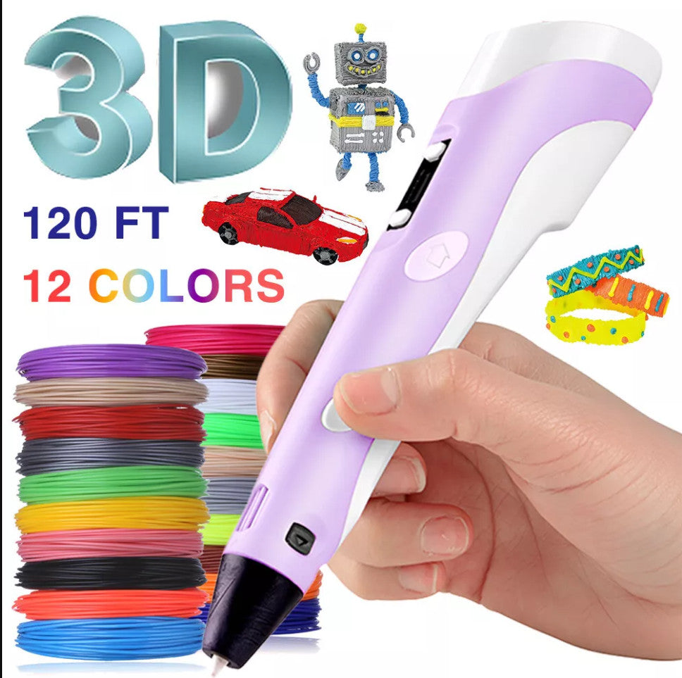 3D Printing Pen Set Doodle PLA Filament Printer Drawing 12 Colours Kids Gift UK--Purple Pen--36m PLA Filaments