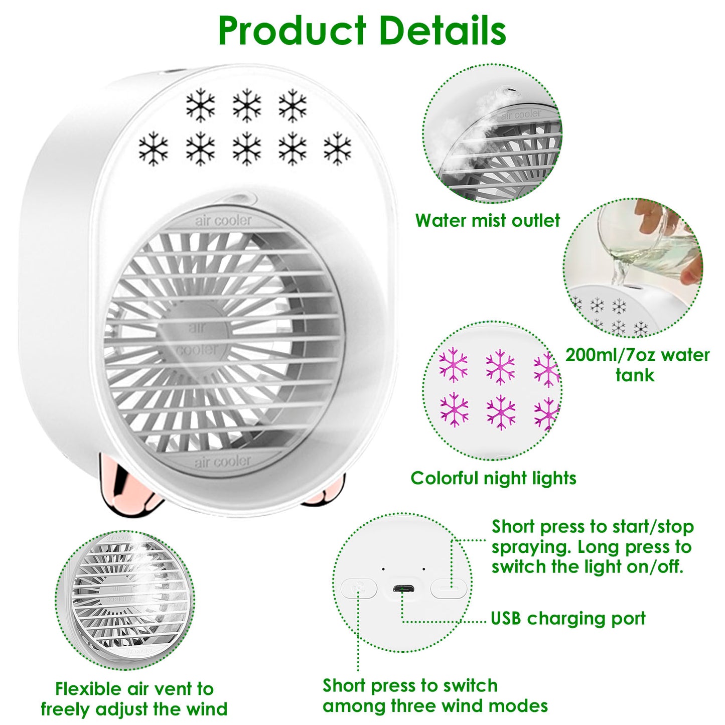 4 In 1 Portable Mini Desktop Air Conditioner Fan Water Mist Cooling Fan USB Rechargeable Humidifier Fan Evaporative Air Cooler 3 Wind Modes Colorful Lights