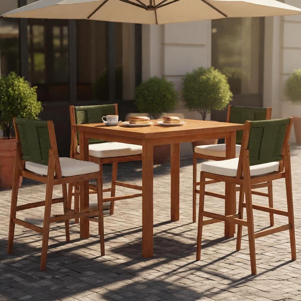 4 Pieces Arly Green Outdoor Bar Stool Solid Acacia Wood And Woven Wicker