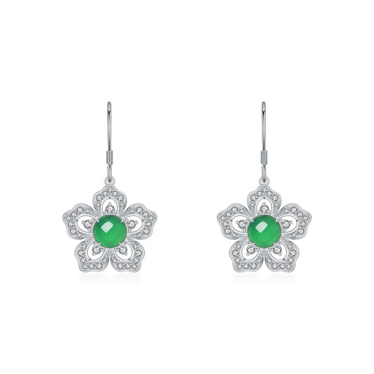 S925 Sterling Silver Flower Dangle Earrings, 6mm Round Green Chrysoprase, Platinum Plated Elegant Women's Jewelry With Gift Box