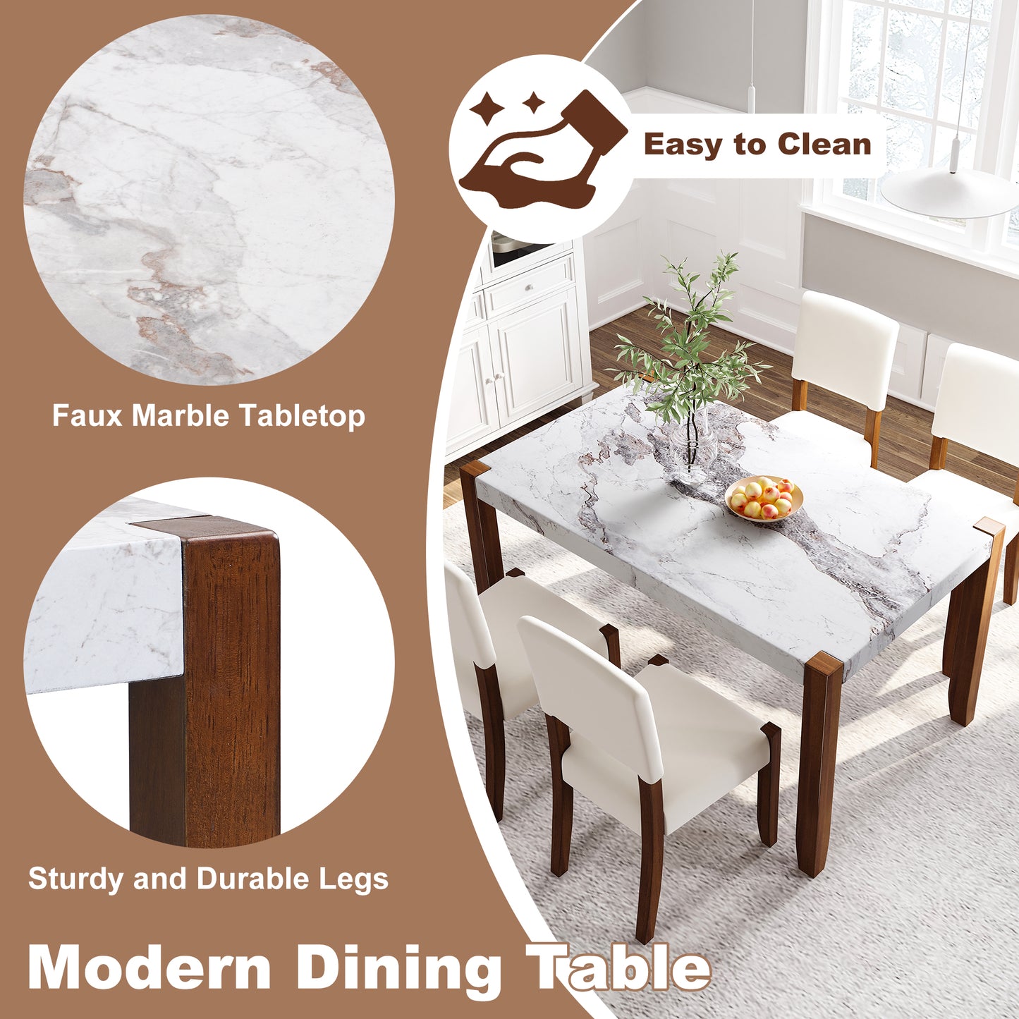 46.5  Modern Dining Table, Rectangular Faux Marble Style Table With Sturdy Wood Legs, Easy To Clean Rectangular Kitchen Table For Dining Room, Living Room, Easy Assembly  OLD SKU WF321684AAK