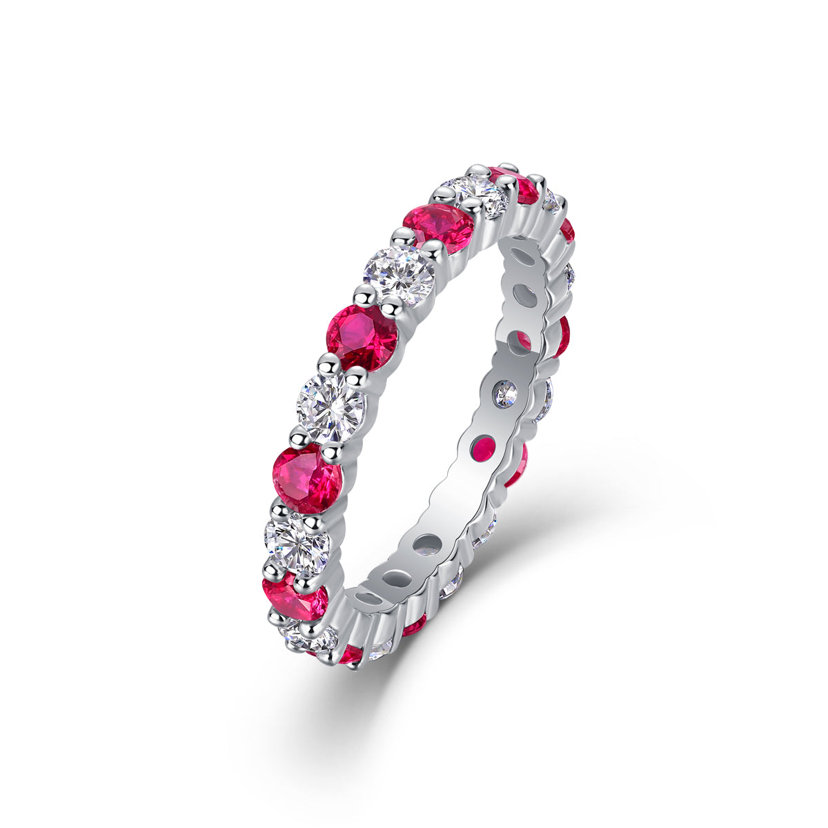 2.4g S925 Sterling Silver Platinum Plated Ring  Synthetic Ruby & White Stone Alternating Eternity Band, Dainty Promise Ring With Hollow Detailing For Women, Jewelry Gift Box Set