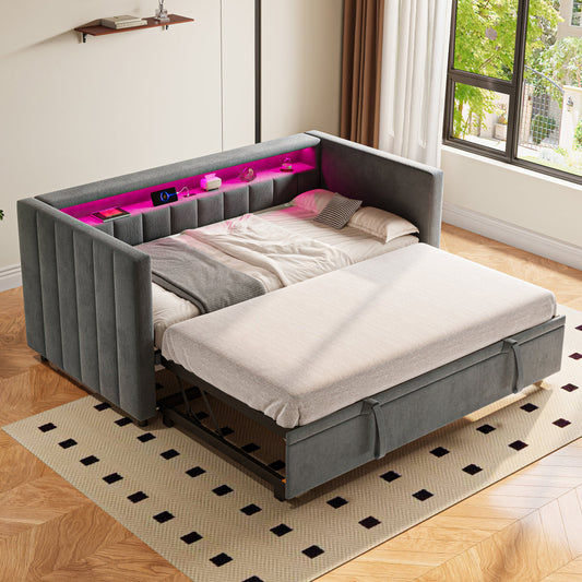 Multifunctional Sleeper Sofa 90x190 Cm With Pull-out Bed, USB-Type-C Port, Ambient LED Lighting, Velvet Upholstery & Storage Stylish Design For Living Rooms, Guest Rooms Or Youth Rooms. Gray