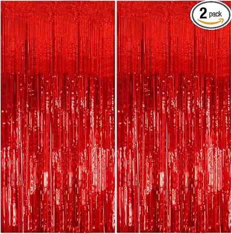 2 Pack Red Metallic Foil Fringe Curtains, Tinsel Party Backdrop For Photo Booth, Birthday, Wedding, Christmas And Holiday Decor