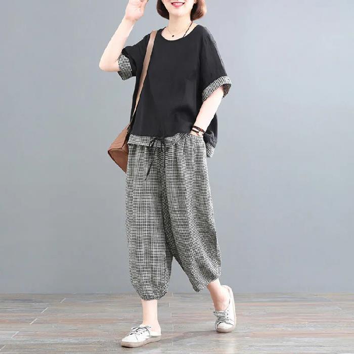 Korean-style Loose-fit Printed Short-sleeve Pants Set