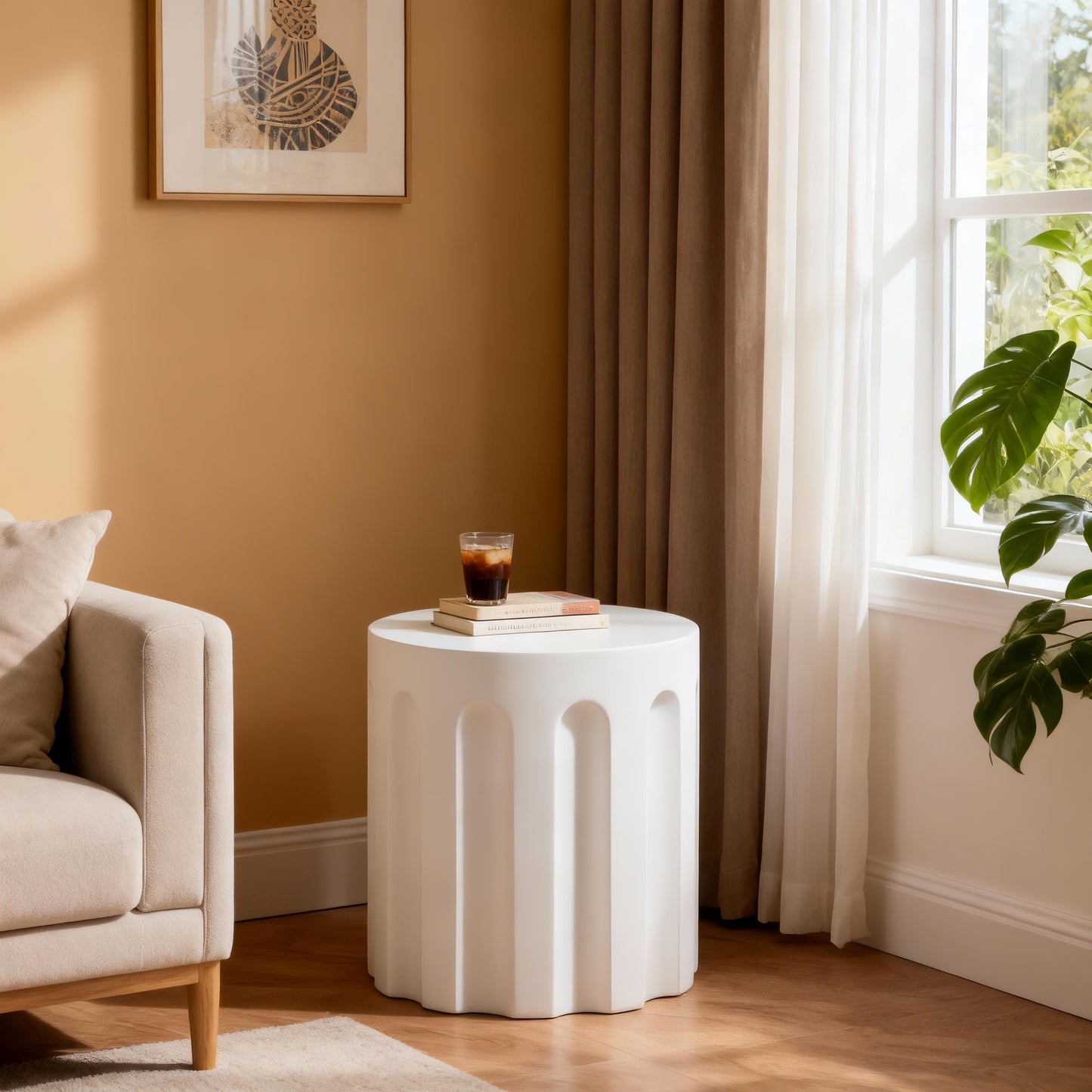 Outdoor White Cylindrical Concrete Side Table, Indoor MGO End Table