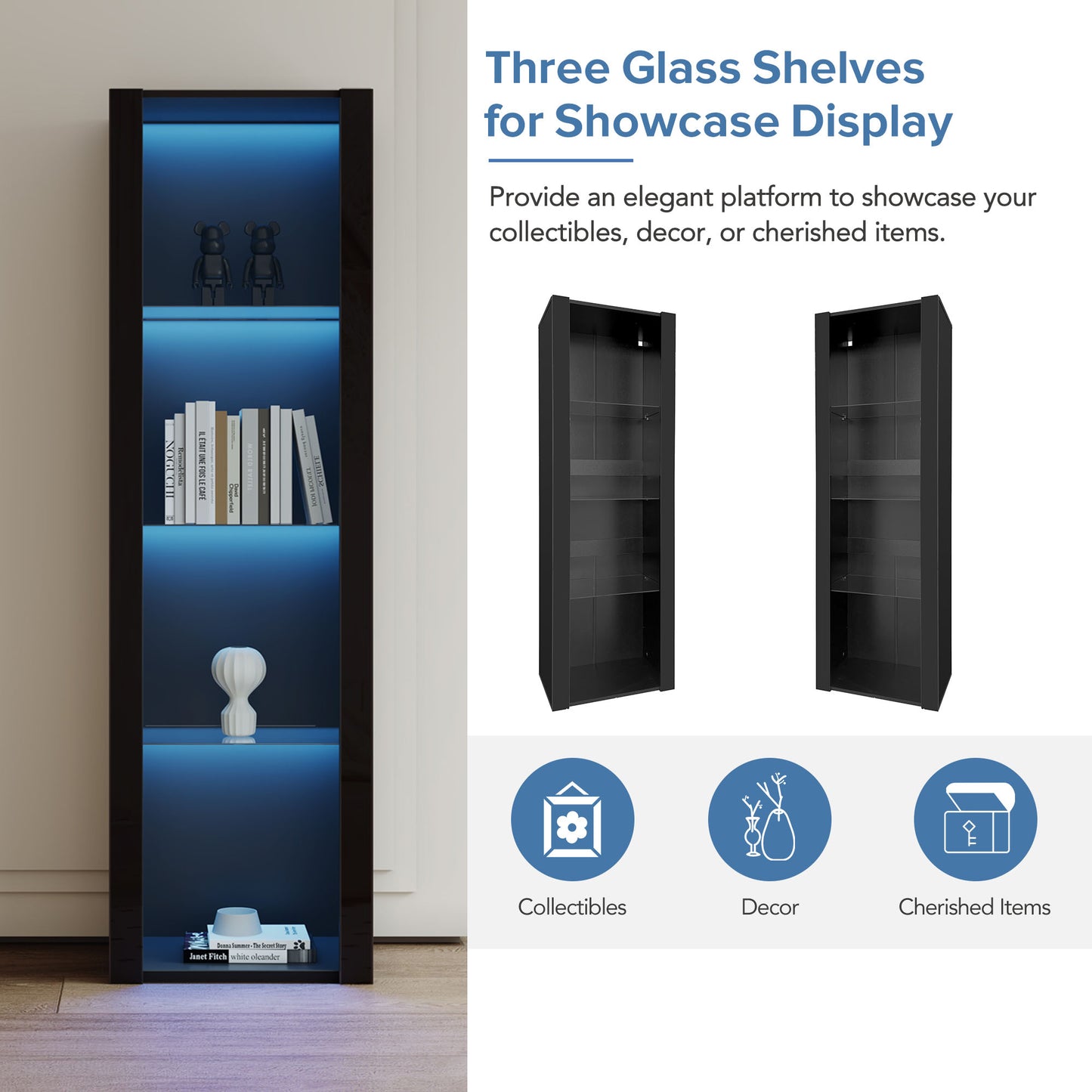 Black High Gloss Display Cabinet With LED Lighting, 3 Glass Compartments, 55x38x166cm, Display Cabinet, Standing Cabinet, Tall Cabinet, Storage Cabinet