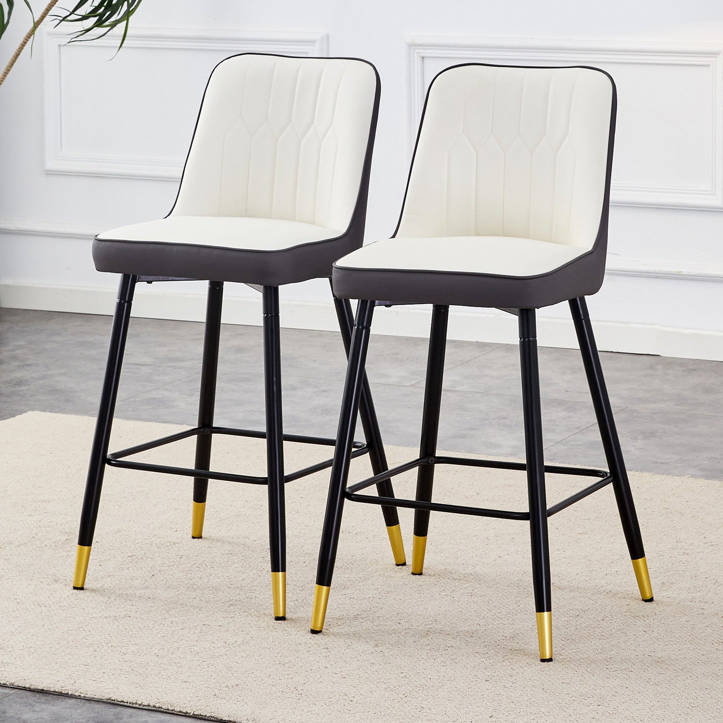 Set Of 2 Bar Stools, 100 Cm High, Made Of PU Leather In White Dark Grey Combination With Black Metal Frame And Comfortable Footrest. Available In Several Colours  The Ideal Choice For Your Home Bar.
