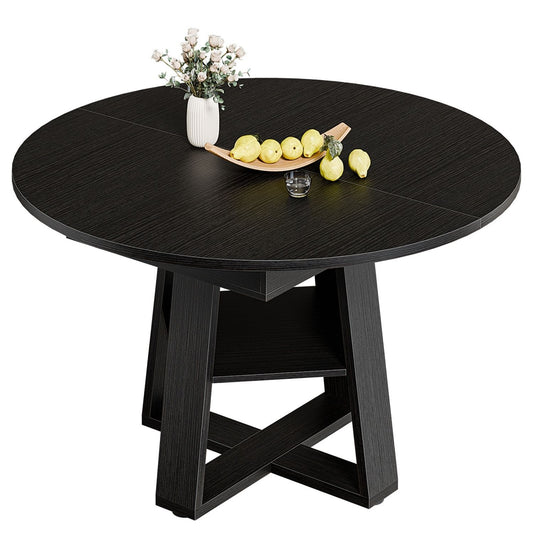 Extendable Oval Dining Table For 4-8, Modern Kitchen Table With Storage Shelf, Wood Pedestal, Space Saving Modern Style