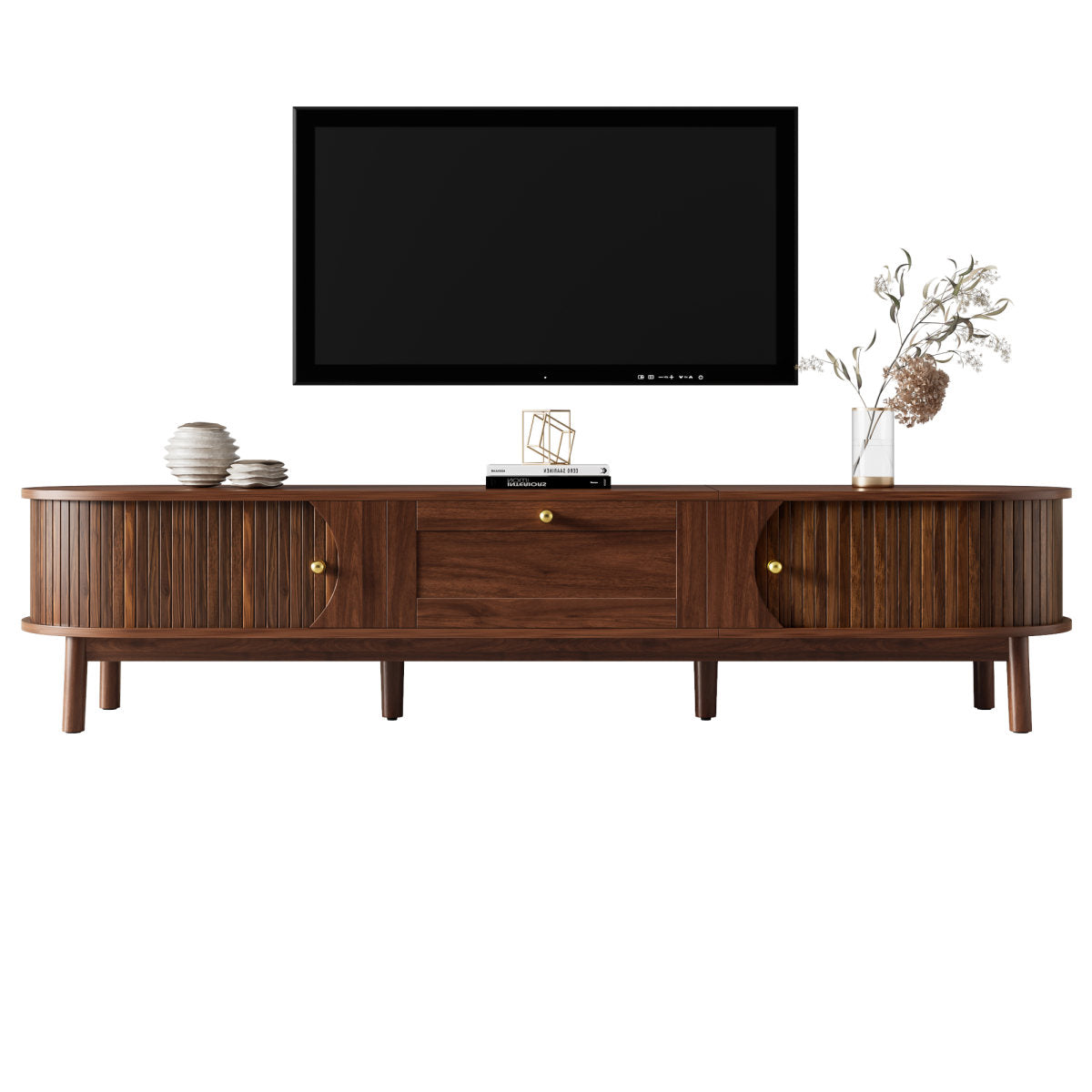 Modern TV Stand Made Of Solid Wood With Drawers, Classic Rounded Edges, Robust Wooden Legs, TV Stand With Storage Space For The Living Room.