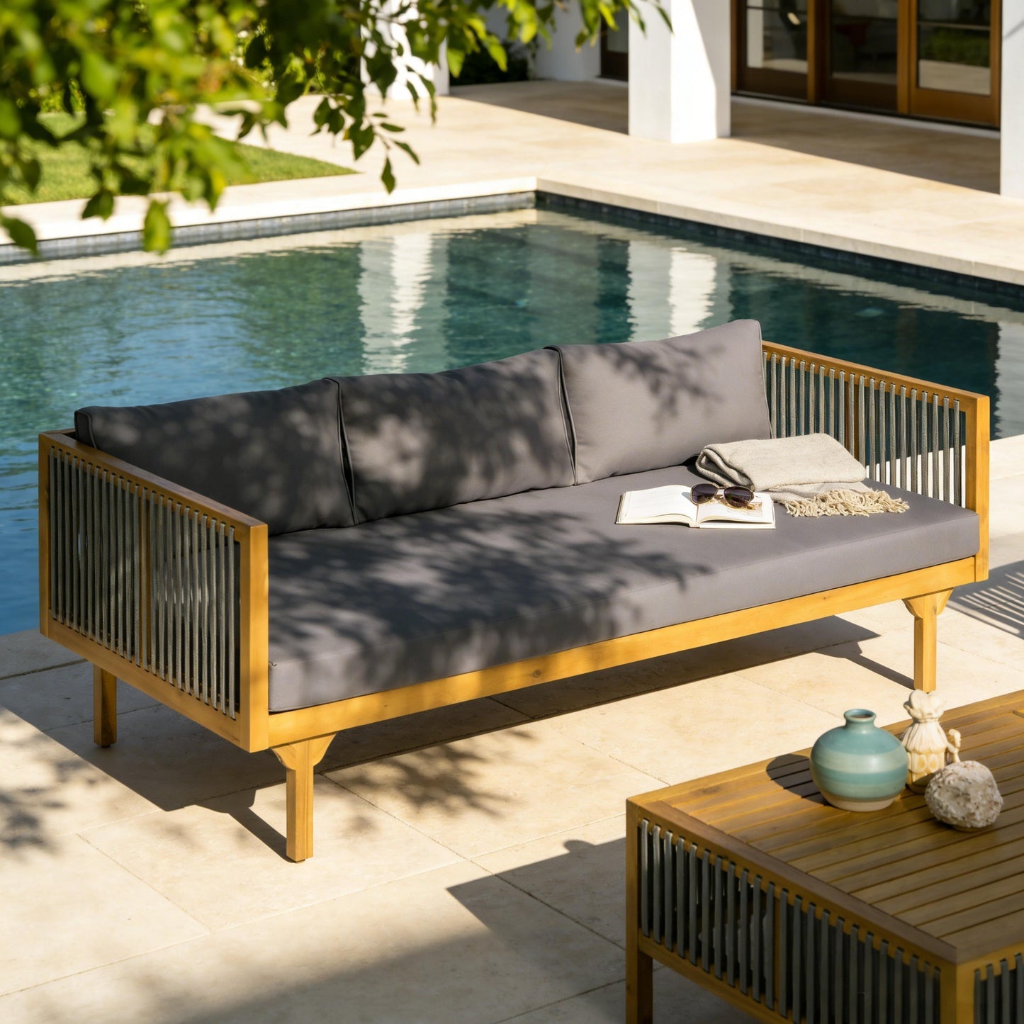 Outdoor Patio Sofa With Dark Grey Cushion & Grey Rope, Acacia Wood Teak Finish, Water Repellent Fabric, 600 Lbs Capacity, For Garden, Deck, Or Backyard