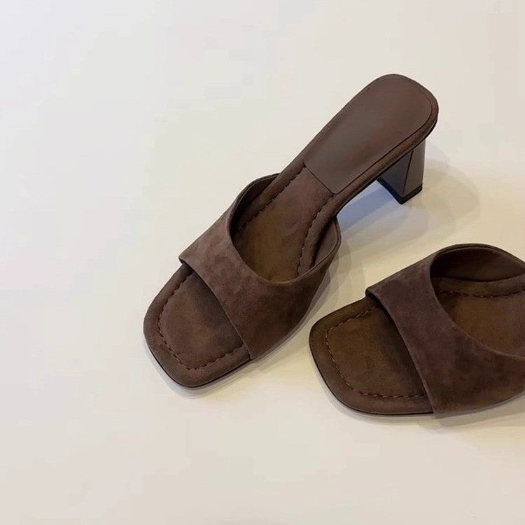 Elevated Version French Open Square Toe High Heel Slides For Women, Simple Slip-On Block Heel All-Match One-Strap Summer Outdoor Sandals