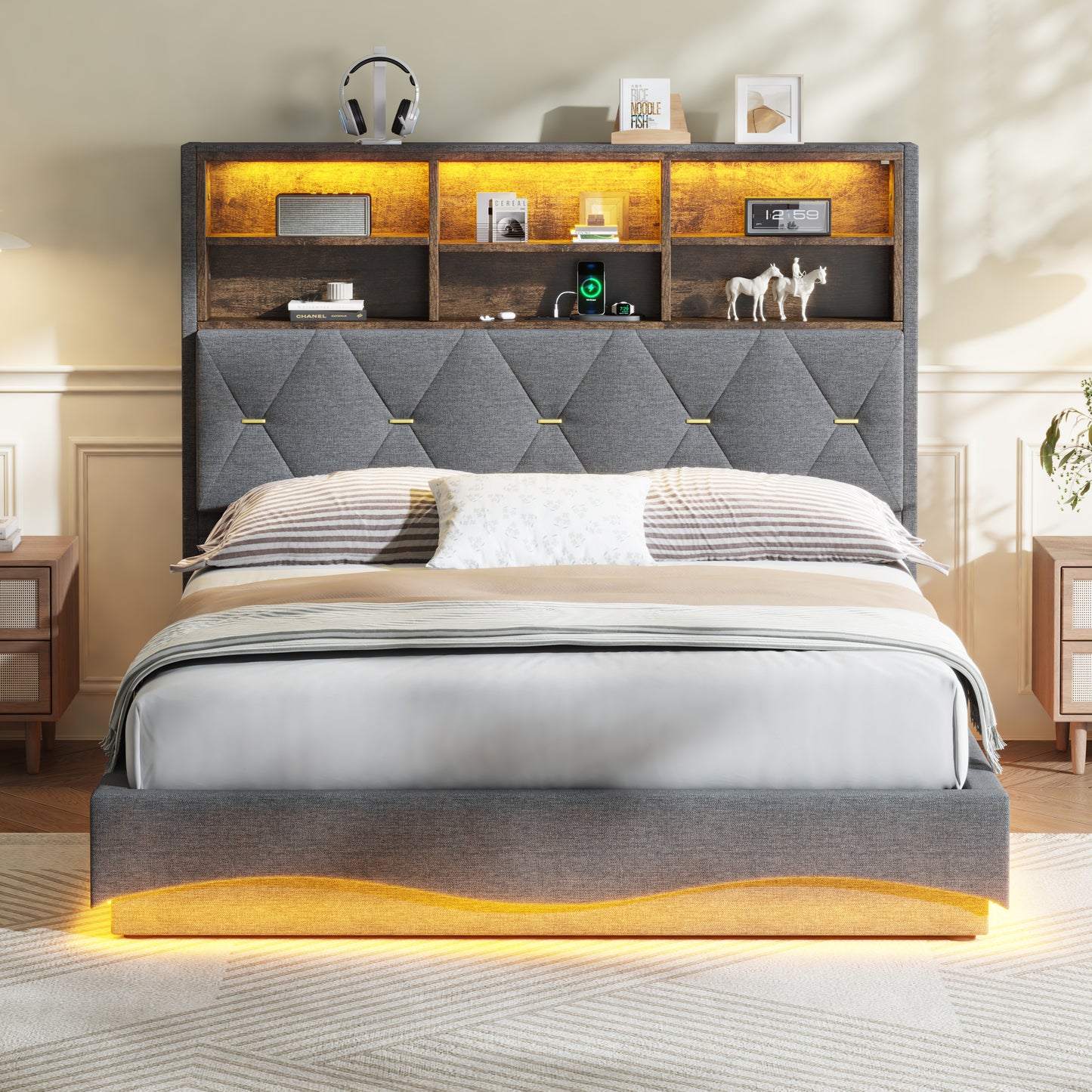 4ft6 Double Upholstered Bed Frame With Hydraulic Storage, Wavy LED Heightened Headboard With Charging Station, USB And Type - C Ports, Linen, No Box Spring Needed, Grey  No Mattress