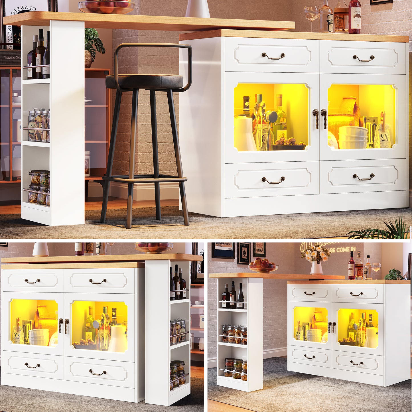 360 Rotating Kitchen Island Bar Table With App Controlled LED Lights, Buffet Sideboard With 4 Drawers & Glass Cabinet, Multifunctional Dining Work Desk For Living Room & Kitchen