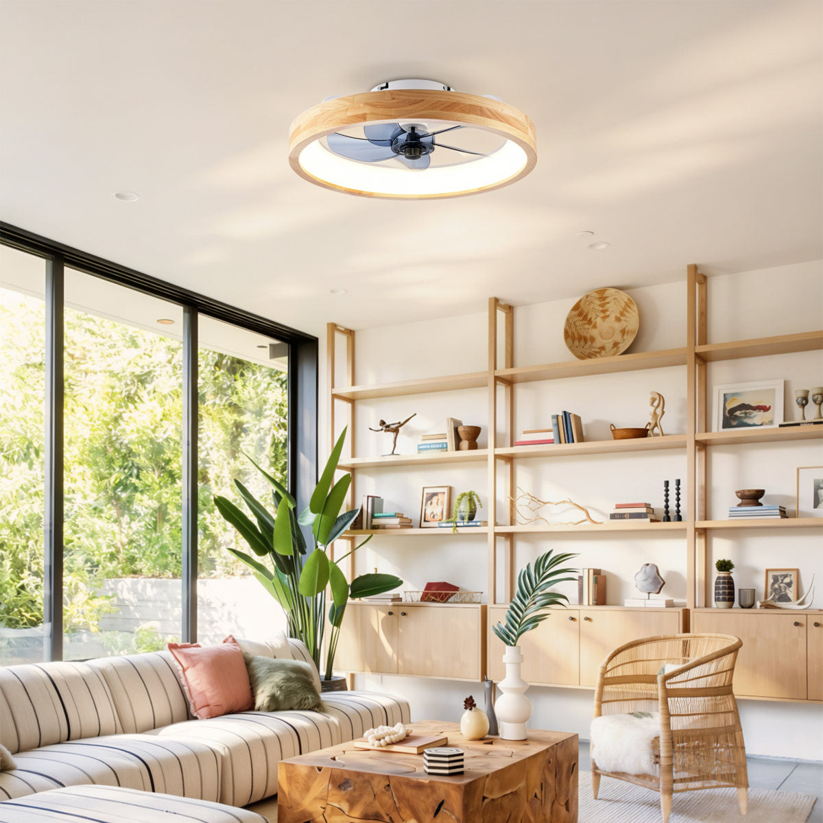 20in  Ceiling Fans With Lights And Remote, 3000-6500K Dimmable Modern Flush Mount LED Fan Light, 6 Speeds  Quiet DC Motor For Living Room, Bedroom,Kitchen--Wood--Matte White