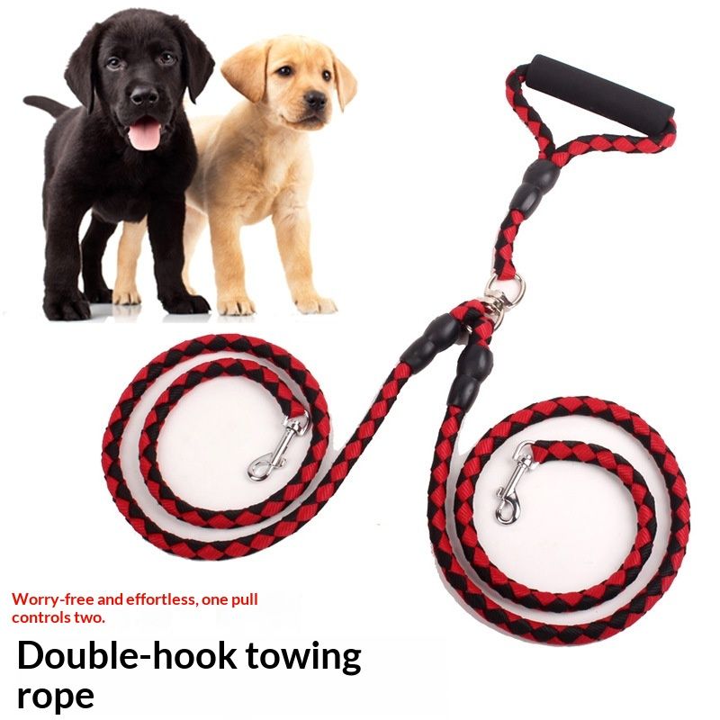 Braided Round Rope Pet Leash With One-to-Two Design For Walking Two Dogs