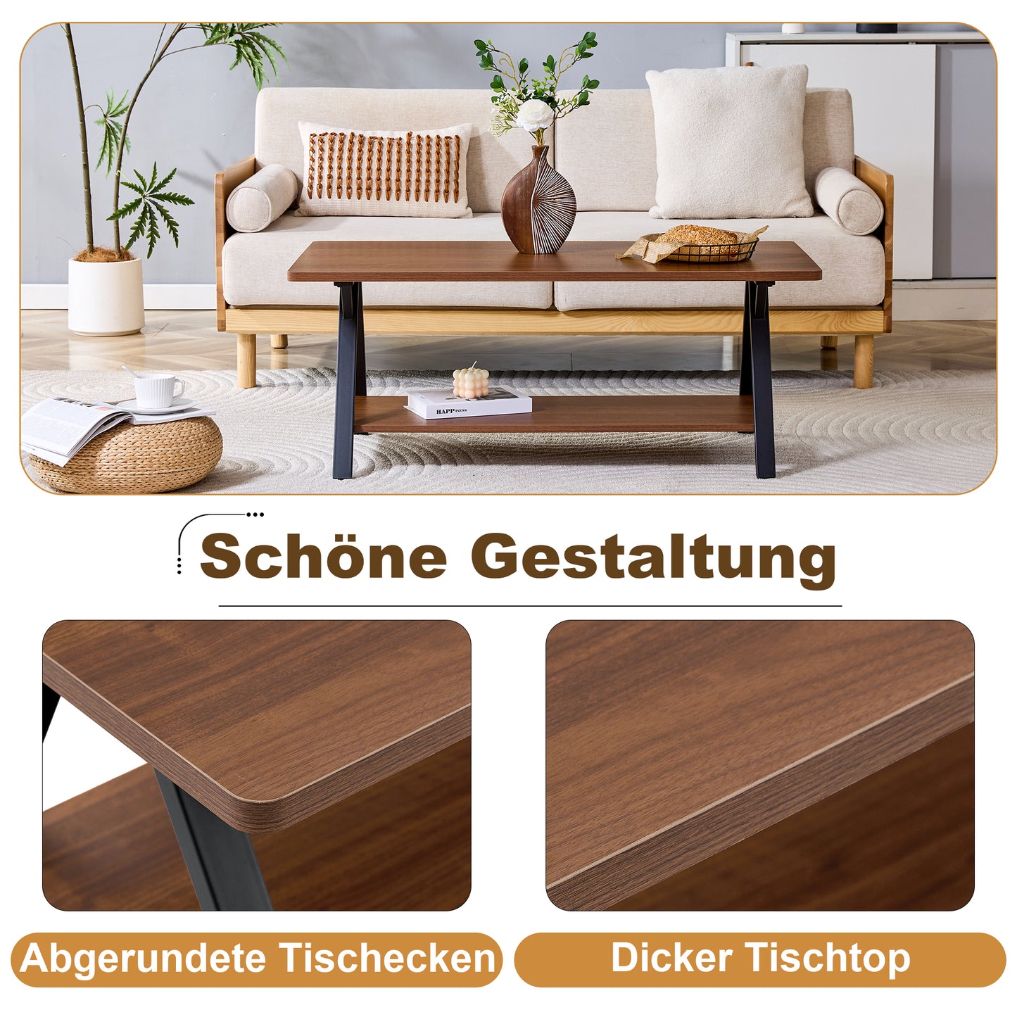 Modern Industrial Coffee Table With Storage Shelf, Walnut Wood Grain And Black Metal Frame, 110x57x44.5cm, Contemporary Living Room Table For Home Office, Home And Small Spaces