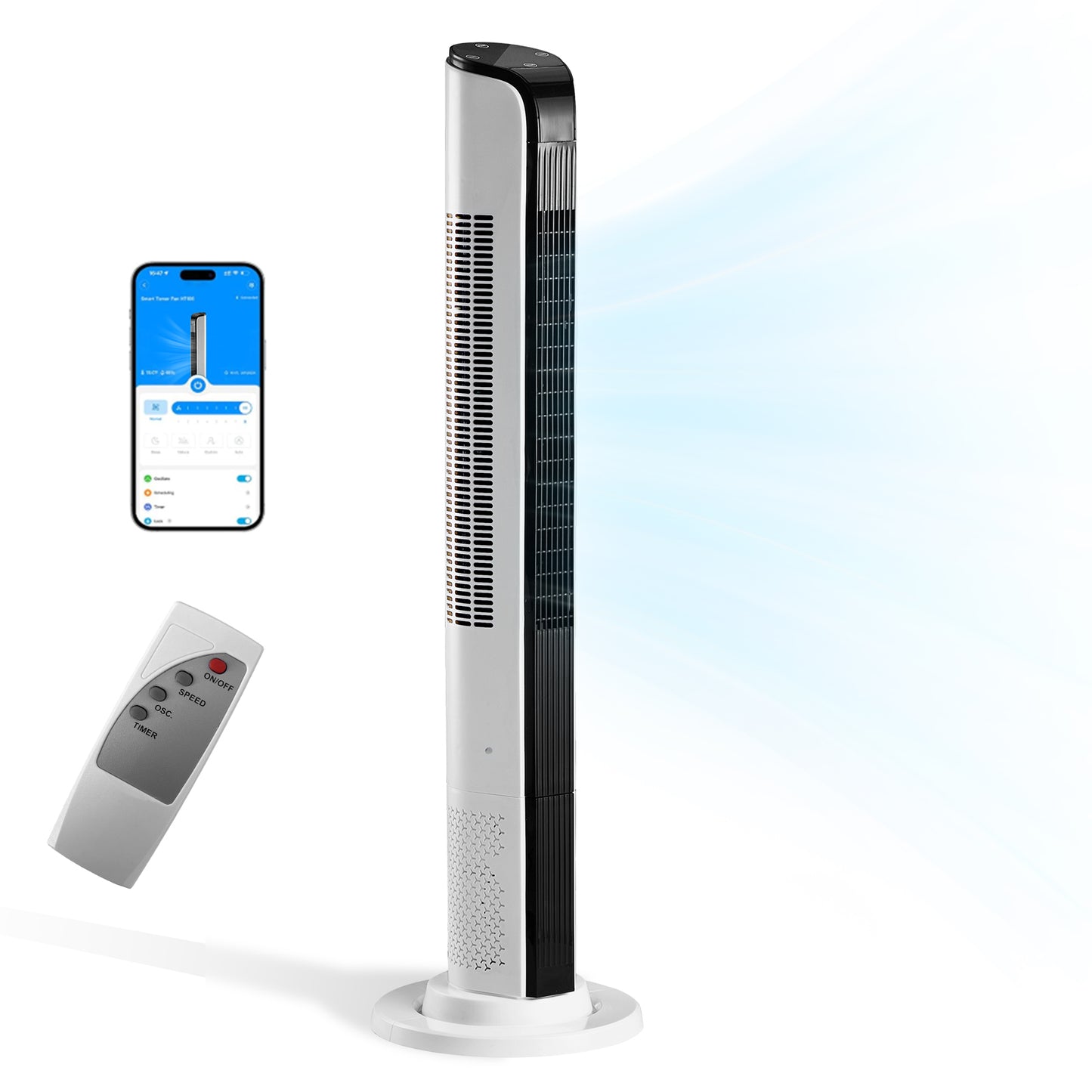 42 Inch Smart Tower Fan, 110V 65W All-Copper Motor Bladeless Standing Fan, Remote WiFi APP Control, Digital Display, 3 Speeds 3 Modes, 12H Timer, Space Saving Tower Fan For Bedroom Living Room, No Wat