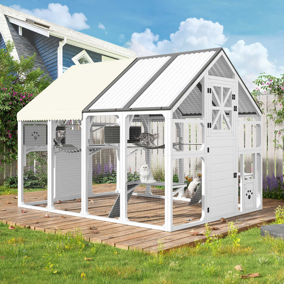 Extra Large Catio Outdoor Cat Enclosure, Walk-in Outdoor Pet House For Multiple Cats, Catio Cat Run Cage With Bridges, PVC Roof, Weatherproof  Cover, 8 Platforms, 2 Resting Box, White And Grey
