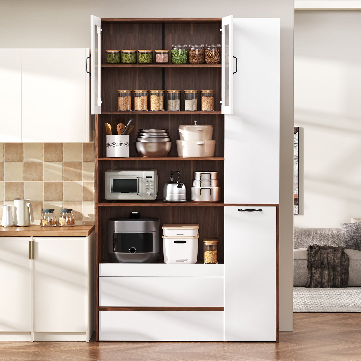 Highboard With Adjustable Shelves And Drawers, Buffet Cabinet With Pull-out Shelves And Checkered Glass, Ideal For Dining Room, Living Room And Kitchen  White Walnut