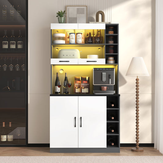100x47x187cm, Kitchen Cabinet, Buffet With LED Ambient Lighting And Cable Holes, Wooden Kitchen Highboard, Large Space For Microwave, Freestanding, Height-adjustable Side Storage Compartments