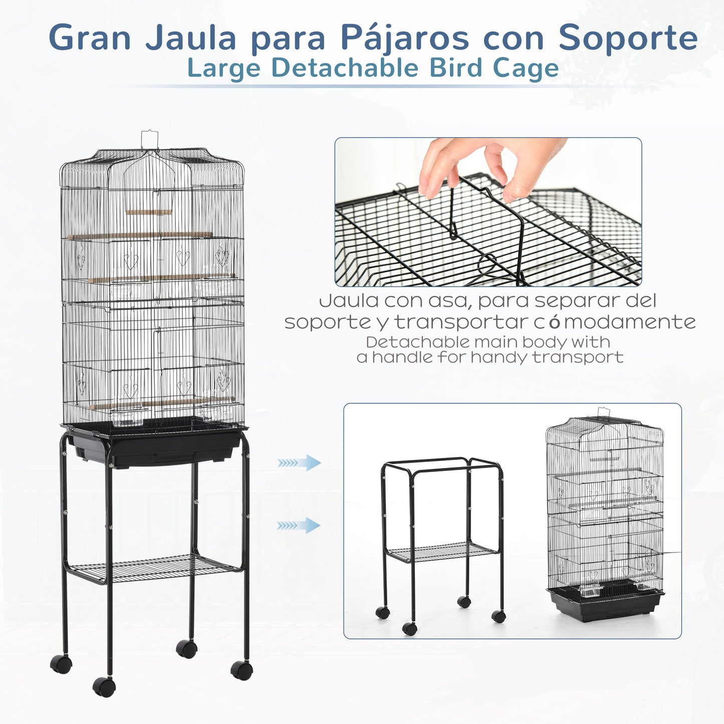 PawHut Bird Cage Budgie Cages For Finch Canary Parakeet With Stand Wheels Slide-out Tray Accessories Storage Shelf, Black 46.5 X 36 X 157 Cm