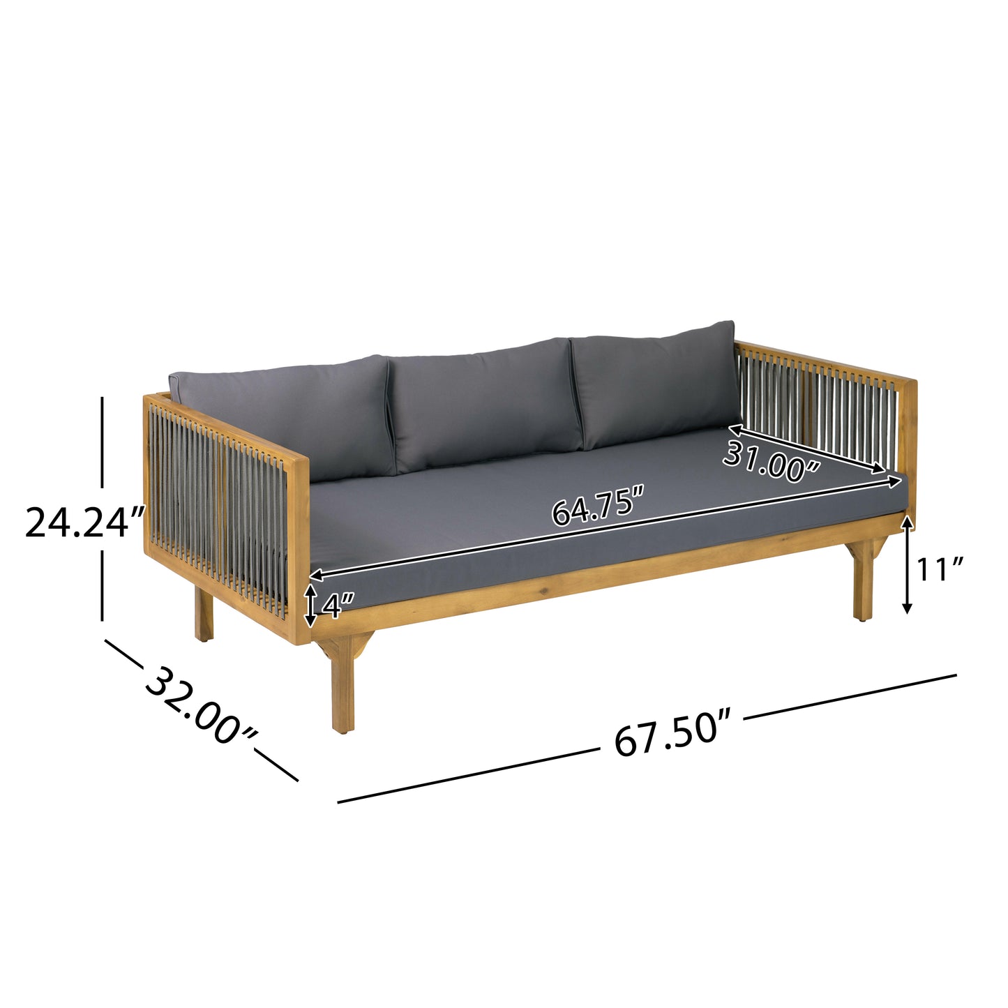 2-Piece Outdoor Patio Set Sofa With Dark Grey Cushions & Grey Rope Back   Round Acacia Wood Coffee Table, Teak Finish, Water Repellent, 600 Lbs Sofa Capacity