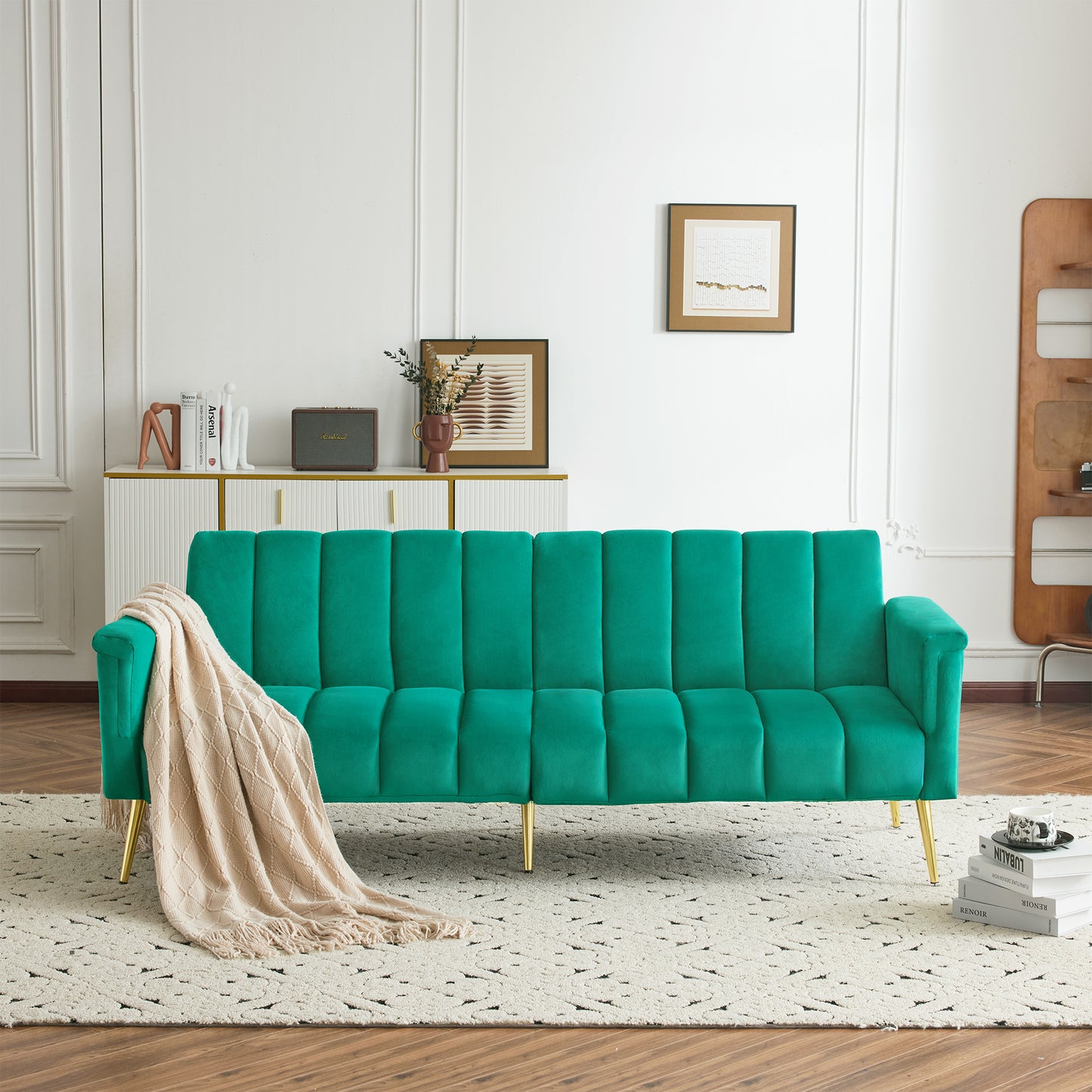 Modern Adjustable Velvet Sofa Bed With Multi Position Backrest & Armrests, Metal Legs, Convertible Sleeper Function, Ideal For Living Room, Bedroom, Home Theater & Guest Room, Green, Video Included