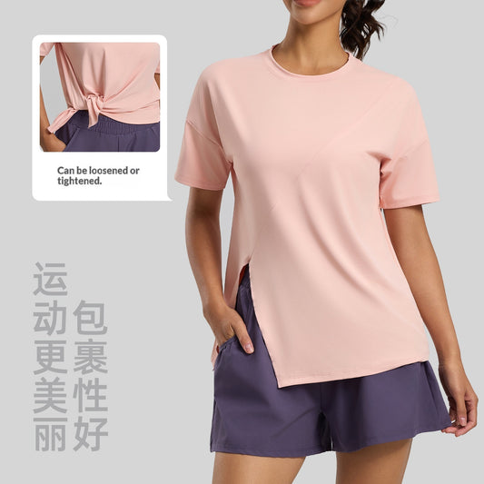 Split-front Loose-fit Short-sleeve Tunic For Yoga Running And Fitness