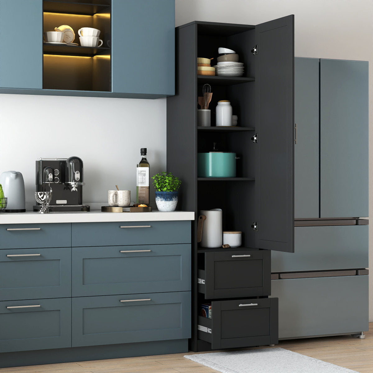 Standard kitchen Pantry,Tall Cabinet,Freestanding Cabinet with  one door  and two drawers for Kitchen, Dining Room, BLACK