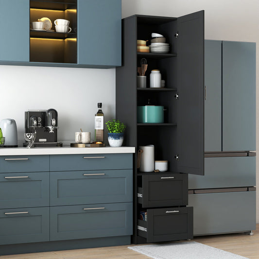 Standard kitchen Pantry,Tall Cabinet,Freestanding Cabinet with  one door  and two drawers for Kitchen, Dining Room, BLACK
