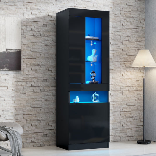 Display Cabinet With LED Lighting  Freestanding Display Unit Storage Cabinet  Black Living Room Cabinet  LED Display Case, Living Room Wall Units, LED Cabinets, Sideboard Buffet