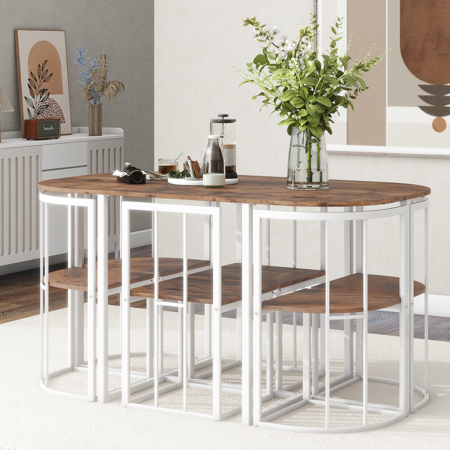 TOPMAx Modern 7- Piece Dining Table Set With Faux Marble Compact 55Inch Kitchen Table Set For 6  White Cherry