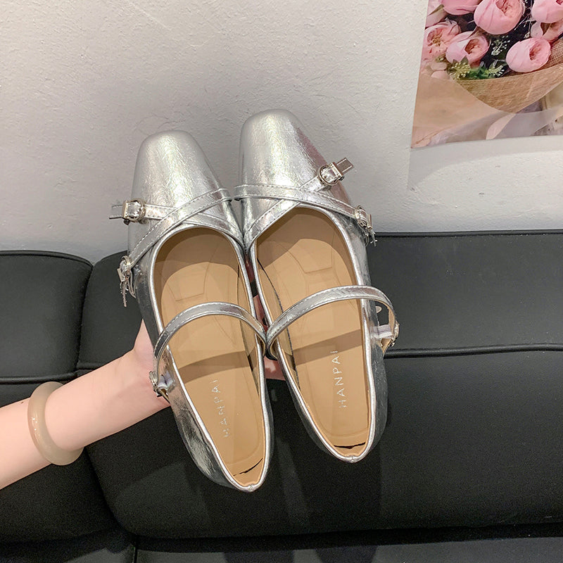 2026 Spring Summer New Women's French Square Toe Mary Jane Flats With Hidden Heel, Elegant Silver Single Shoes With Single Strap Buckle