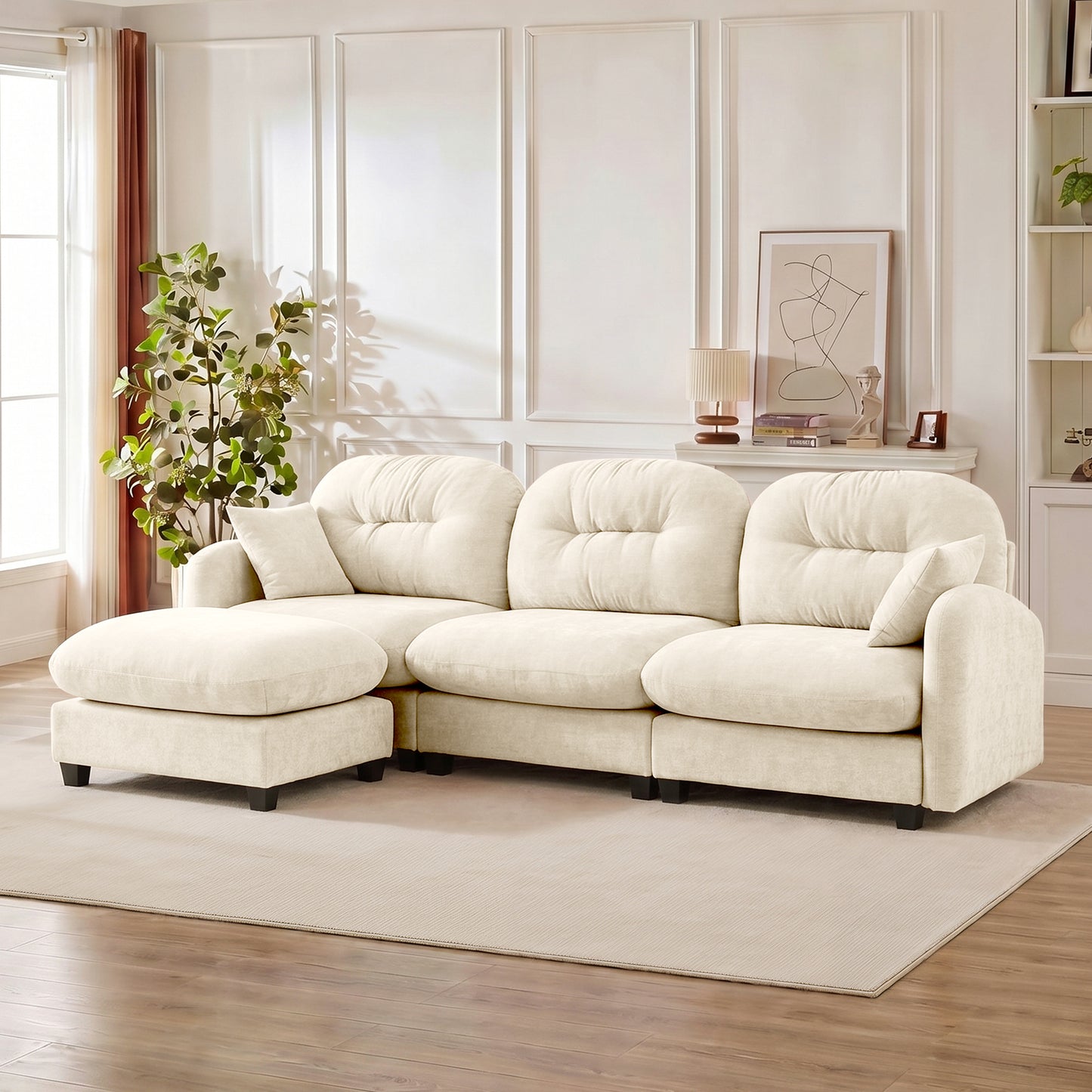 Modular Sectional L Shaped Couch With Ottoman, Premium Chenille Fabric,Tufted Cushion Backrest Design,Ergonomic Design Easy Install,Fits Bedrooms, Living Rooms Reading Nooks,Beige