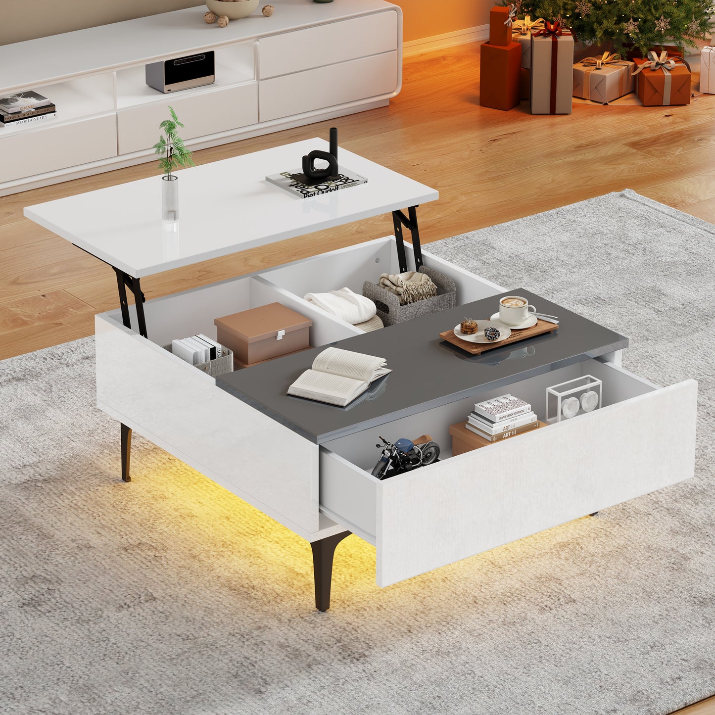 70x70x35cm Coffee Table, Height Adjustable Coffee Table With Hidden Storage And Shelves, White High Gloss Living Room Table, Desk With LED, Sofa Table With Drawers