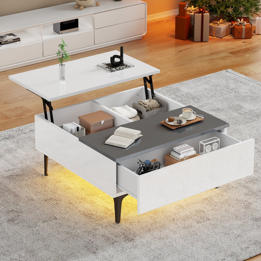 70x70x35cm Coffee Table, Height Adjustable Coffee Table With Hidden Storage And Shelves, White High Gloss Living Room Table, Desk With LED, Sofa Table With Drawers