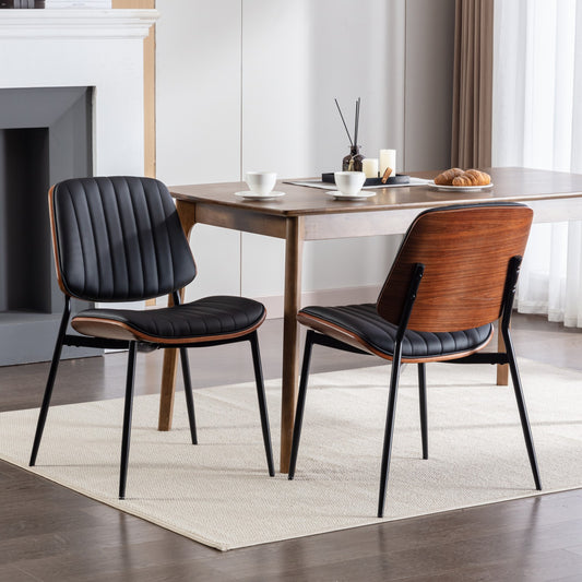 Dining Chairs Set Of 2 Mid Century Modern Retro Faux Leather Chair With Walnut Bentwood Back Upholstered Seat Metal Legs Adjustable Foot For Kitchen Dining Room Chairs Black PU ,DE1849BK