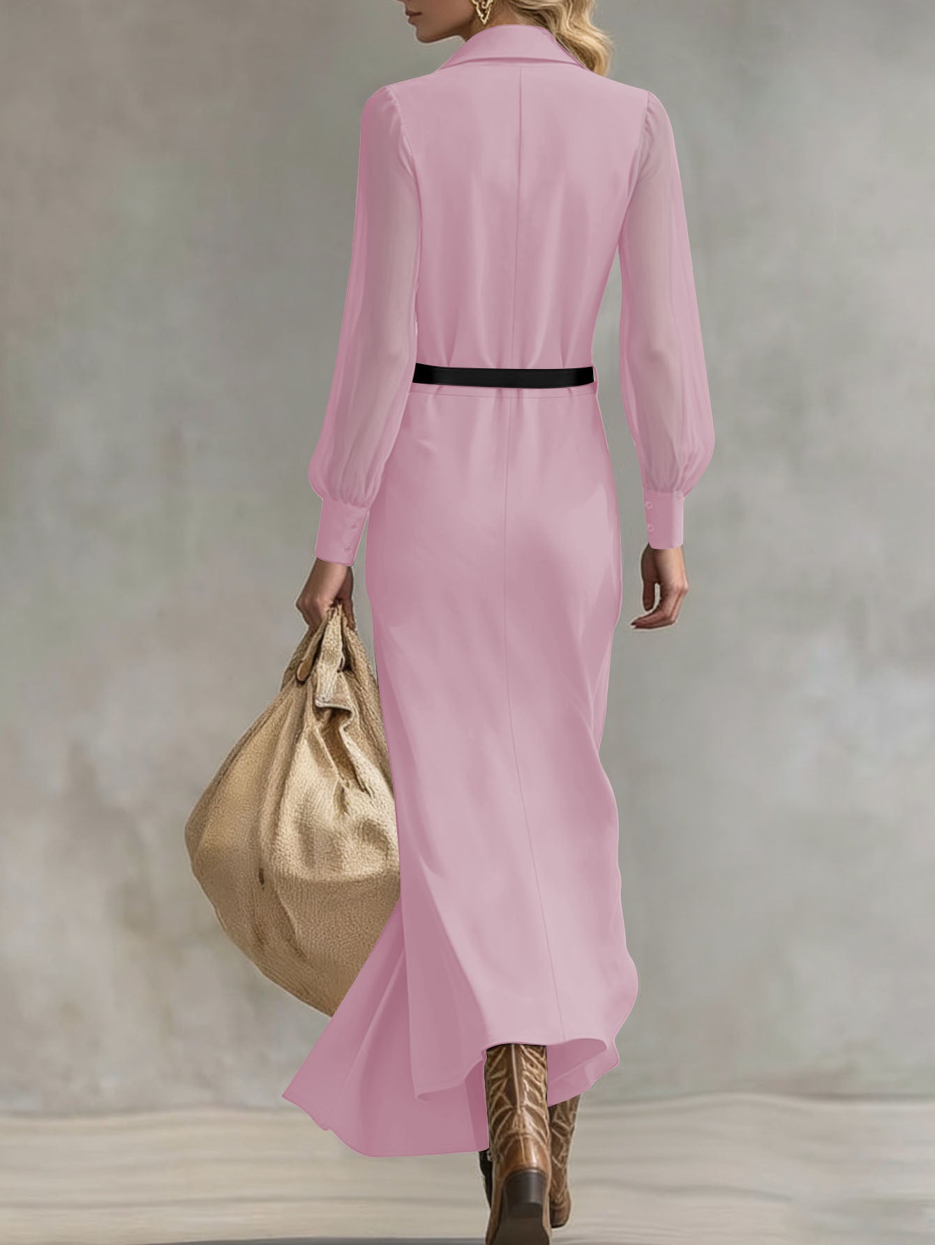 Women's Collared Neck Sheer Puff Sleeve Button Front Belted Maxi Shirt Dress Elegant Office Wear Maxi Dress