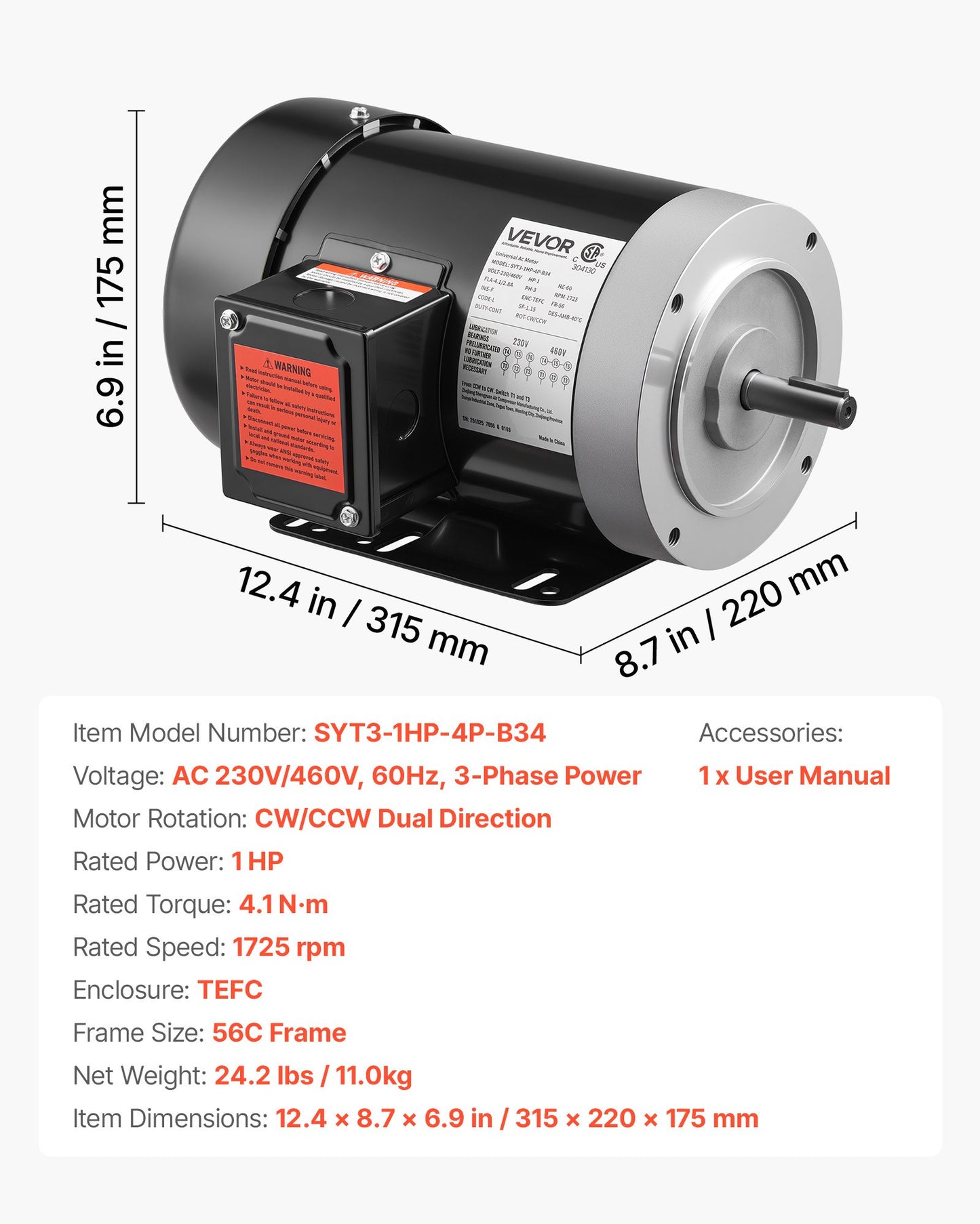 1 HP Electric Motor, 1725RPM Air Compressor Motor, CW/CCW Rotation, 5/8 Inch Shaft Diameter, 1.88inch Shaft Length, 4.1N.m Torque, Three-Phase, TEFC Cooling, 230V/460V, 56C Frame