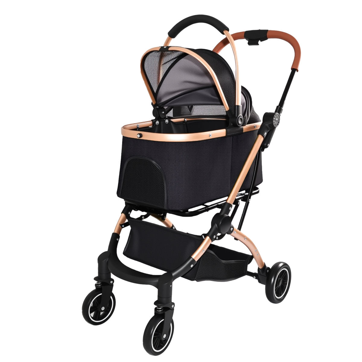 Pet Stroller for Dogs and Cats, 2-in-1 Detachable Foldable 4 Wheels Pet Stroller, Quick One-Hand Fold, Storage Basket, Detachable Carry Basket with Sun Canopy(Black+Gold)