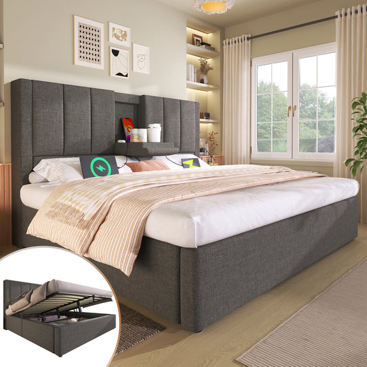Upholstered Bed 180x200 Cm Double Bed With Hidden Cup Holder & Charging Station, Hydraulic Bed With Storage Space Under The Bed, Incl. Slatted Frame, Linen Grey  Without Mattress