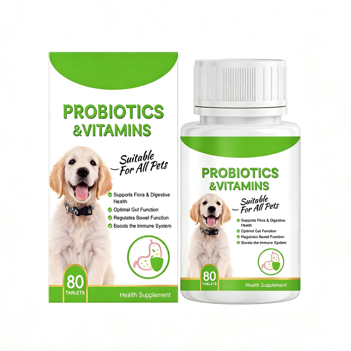 Pet Probiotics & Vitamin Tablets For Dogs & Cats, Gut Health Supplement, Support Digestion & Immune System, 80 Chewable Tablets