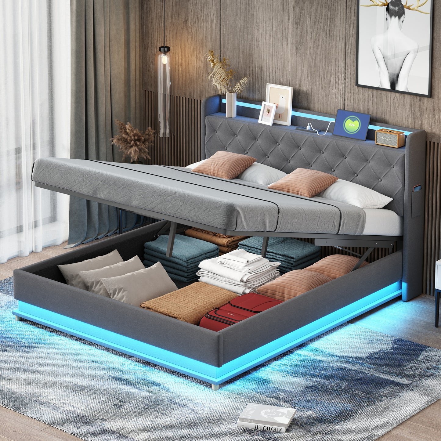 LED Upholstered Bed 160X200 Cm With USB Charging Port And Hydraulic Storage, Skin-friendly Linen Fabric Grey