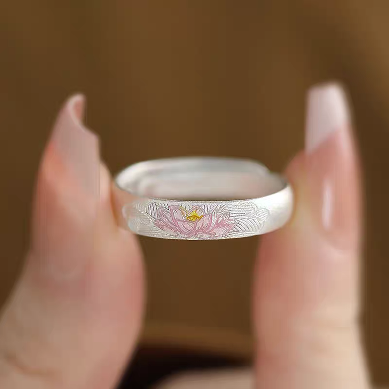1pc 999 Sterling Silver Painted Lotus Open Ring, Fresh Chinese Style, Perfect For Daily, Dating & Gifting, Ideal Valentine's Gift