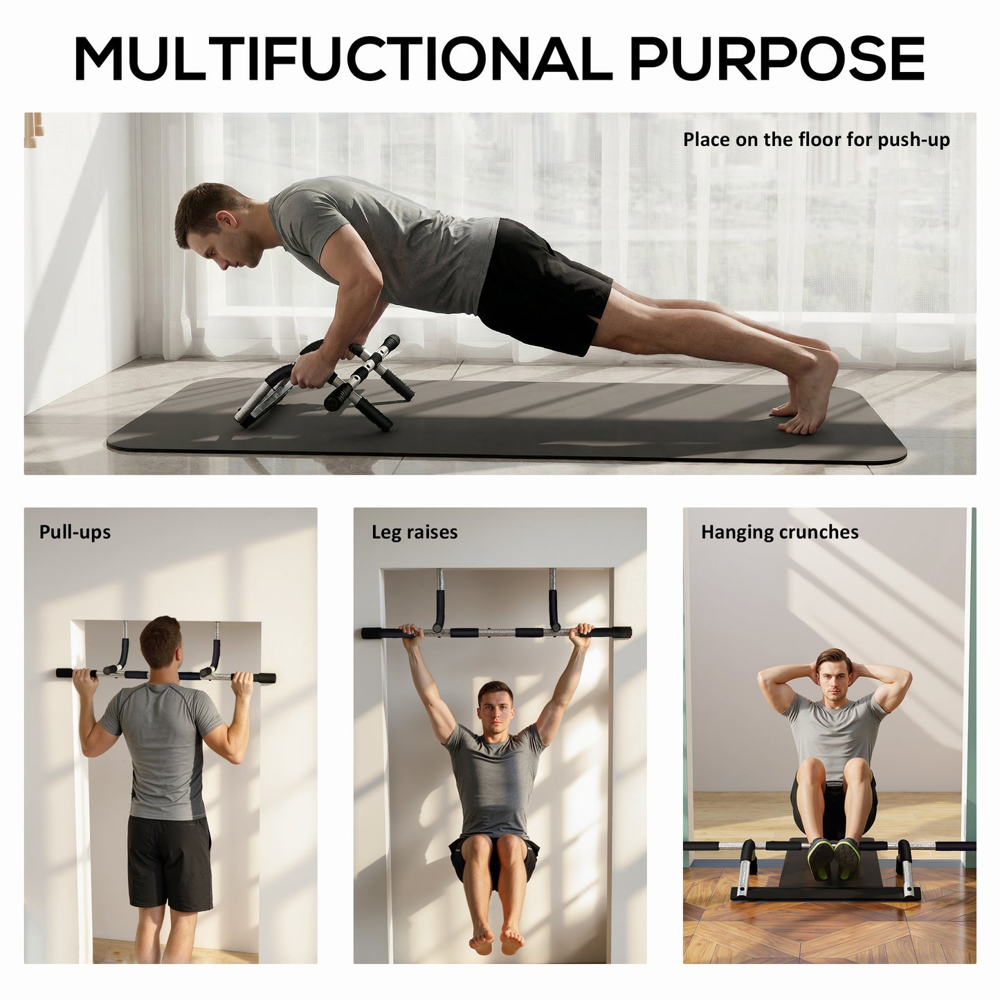 Pull Up Bar Doorway, Door Frame Chin Up Bar Push Up Bar For Home Gym Upper Body Workout, No Drilling Or Screws, Grey