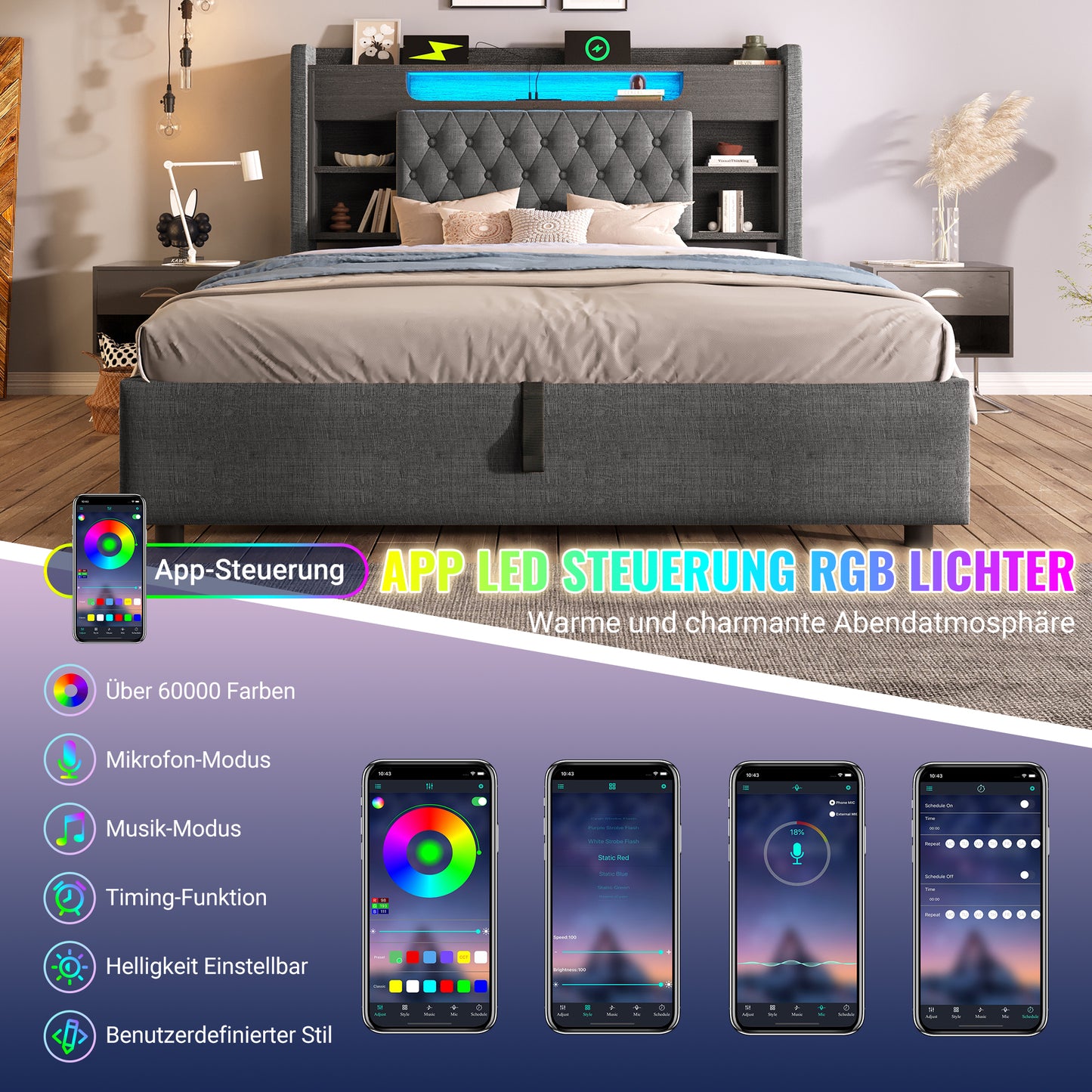 Upholstered Bed 140x200cm With Hydraulic Bed Base & LED Lighting, Bed Frame With USB Type-C Charging Function, Headboard With Shelf & Storage Space, Linen Fabric, Grey  Without Mattress