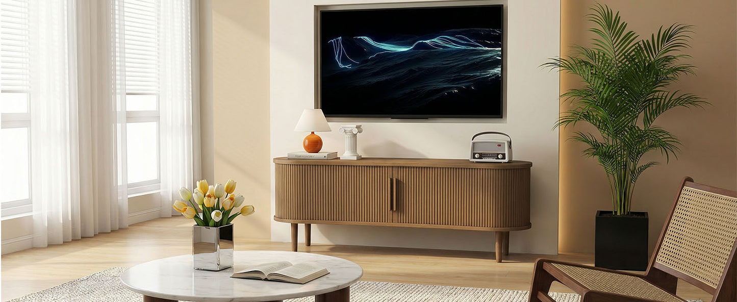 63in Fluted TV Stand Modern Media Console Table Entertainment Center With Sliding Door And Solid Wood Legs For Living Room Bedroom Office