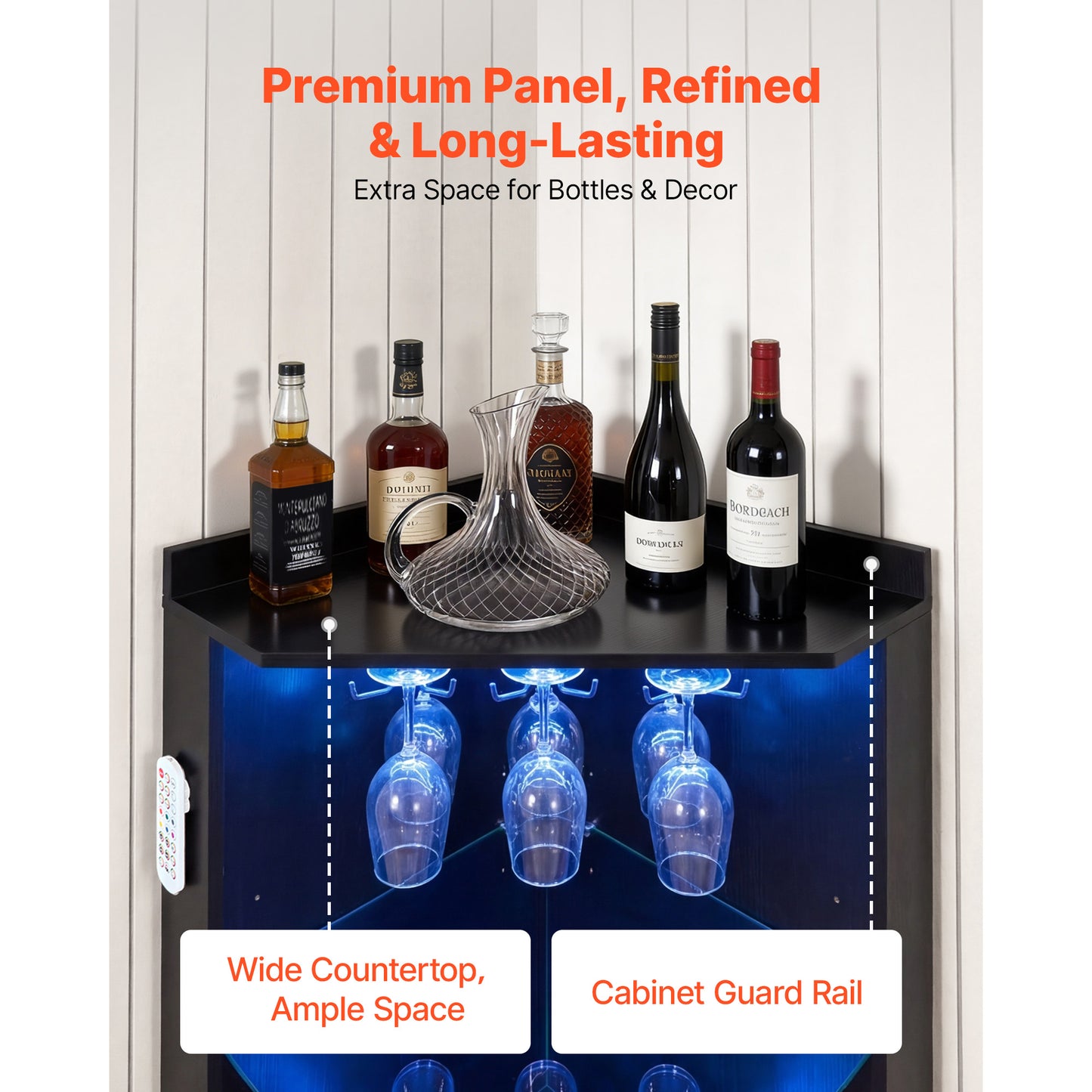 Corner Wine Cabinet, Bar Cabinet With Ample Storage, Modern Buffet Sideboard With Glass Holder, Adjustable LED Brightness, Anti-Tip Strap, For Home Kitchen, Living Room, Dining Room, Black Wood